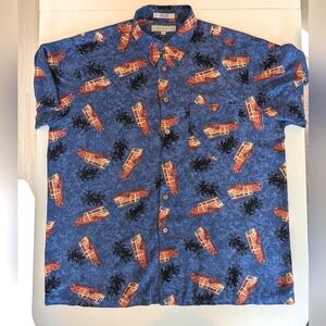 Vintage Imprints rayon button up w woody station wagons, wood buttos. XL.